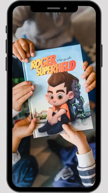 Roger Superhero book displayed inside a phone frame